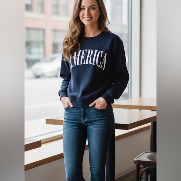 Vintage America Crewneck Navy Sweatshirt S Coastal Grandma Nautical - Picture 1 of 5